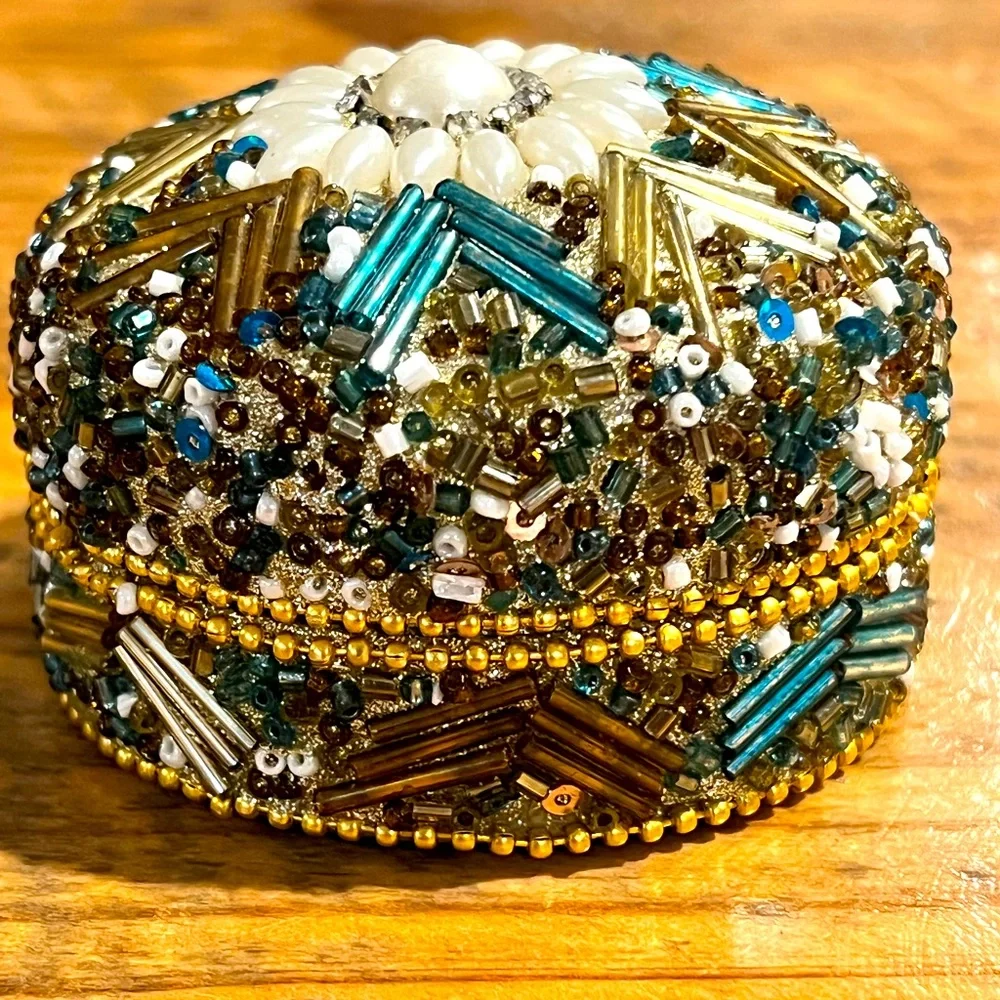 Hand made Vintage Round Domed Beaded Trinket Jewelry Box Metal Teal and Gold